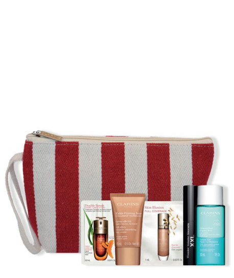 REGALO CLARINS NECESER RAYAS ROJAS Y BLANCAS